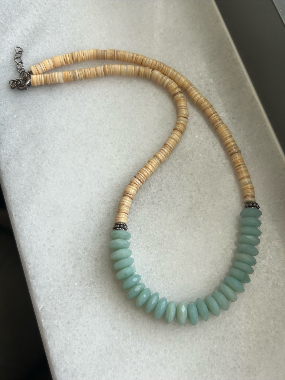 Vintage Sterling Silver Heishi Shell and Amazonite Necklace - Picture 6 of 16